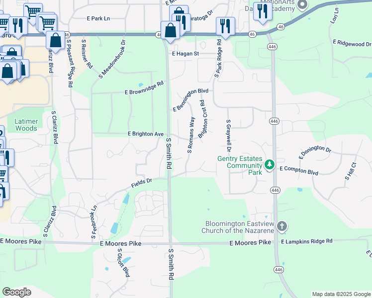 map of restaurants, bars, coffee shops, grocery stores, and more near 936 South Romans Way in Bloomington