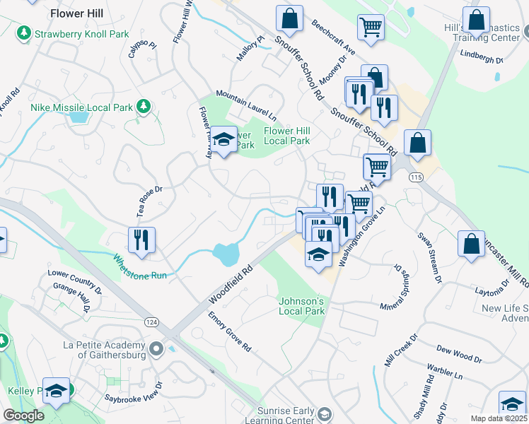map of restaurants, bars, coffee shops, grocery stores, and more near 18334 Streamside Drive in Gaithersburg