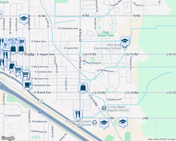 map of restaurants, bars, coffee shops, grocery stores, and more near 1124 East Carolina Avenue in Fruita