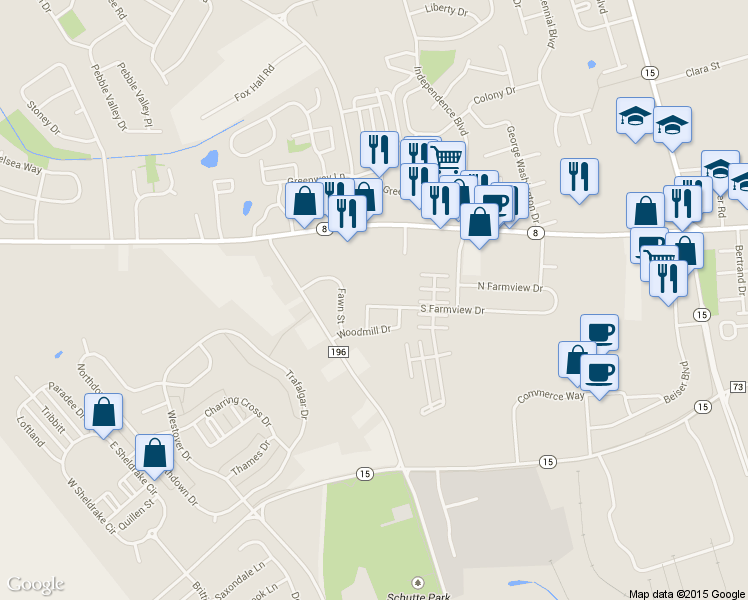 map of restaurants, bars, coffee shops, grocery stores, and more near 1420 South Farmview Drive in Dover