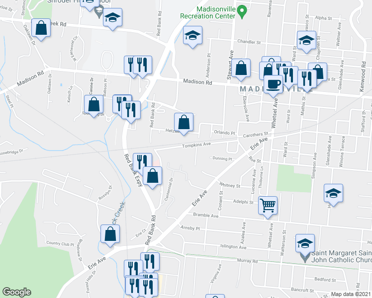 map of restaurants, bars, coffee shops, grocery stores, and more near 4515 Butterfield Place in Cincinnati