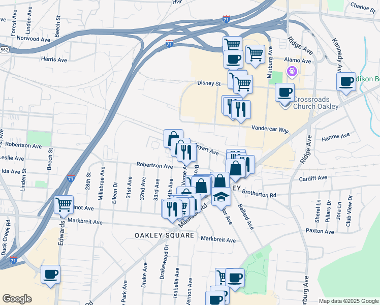 map of restaurants, bars, coffee shops, grocery stores, and more near 4409 Verne Avenue in Cincinnati