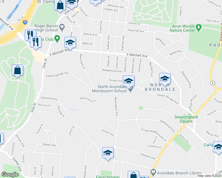 map of restaurants, bars, coffee shops, grocery stores, and more near 515 Clinton Springs Avenue in Cincinnati