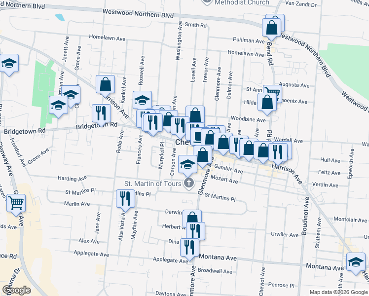 map of restaurants, bars, coffee shops, grocery stores, and more near 3723 Lovell Avenue in Cincinnati