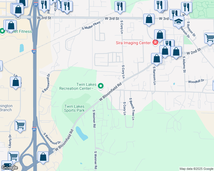 map of restaurants, bars, coffee shops, grocery stores, and more near 1688 West Bloomfield Road in Bloomington