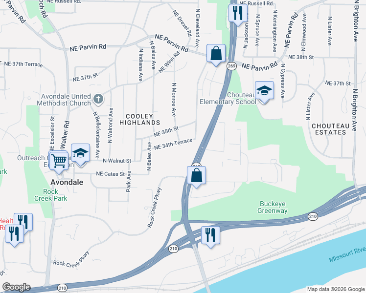 map of restaurants, bars, coffee shops, grocery stores, and more near 3713 Northeast 34th Terrace in Kansas City
