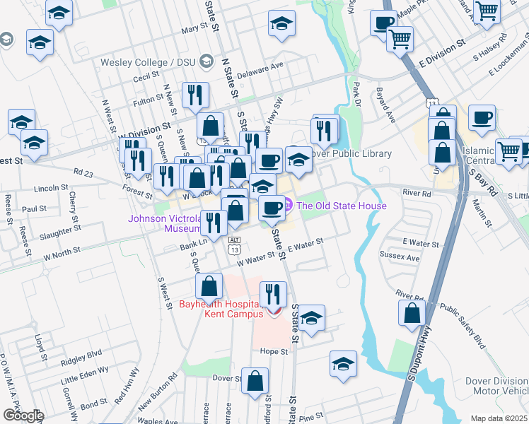 map of restaurants, bars, coffee shops, grocery stores, and more near in Dover