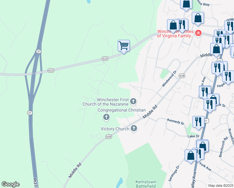 map of restaurants, bars, coffee shops, grocery stores, and more near 138 Mountain View Lane in Winchester