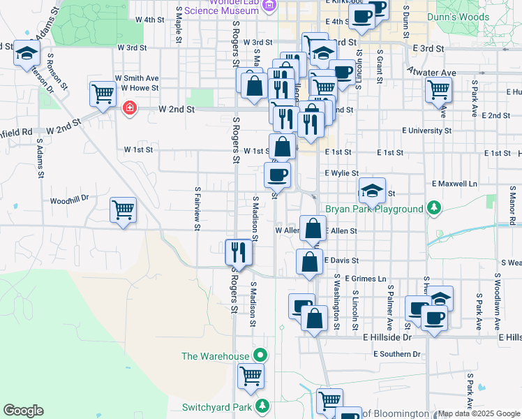 map of restaurants, bars, coffee shops, grocery stores, and more near 1001 1/2 South Madison Street in Bloomington