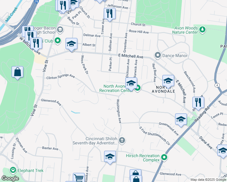 map of restaurants, bars, coffee shops, grocery stores, and more near 508 Clinton Springs Avenue in Cincinnati