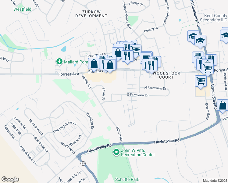 map of restaurants, bars, coffee shops, grocery stores, and more near 1420 South Farmview Drive in Dover