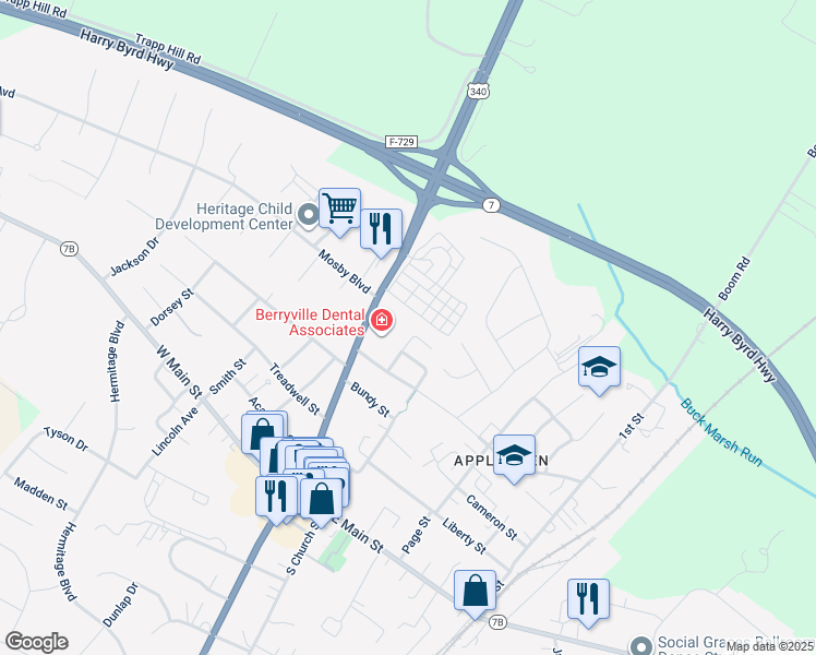 map of restaurants, bars, coffee shops, grocery stores, and more near 421 Ridge Road in Berryville
