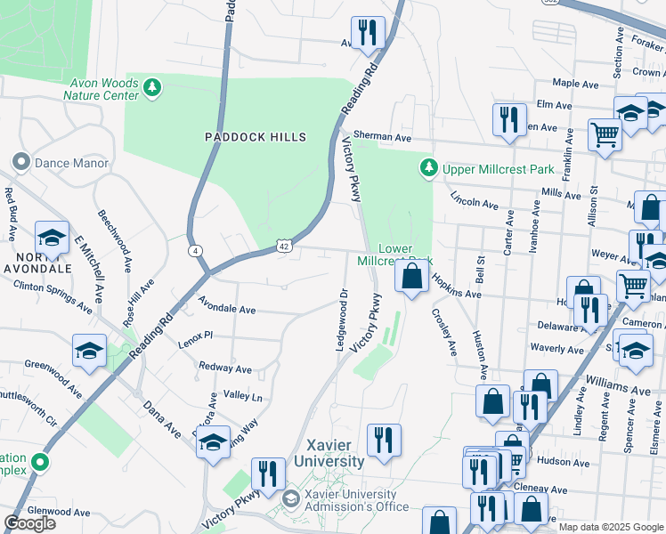map of restaurants, bars, coffee shops, grocery stores, and more near 1040 Avondale Avenue in Cincinnati