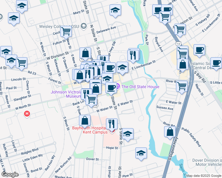 map of restaurants, bars, coffee shops, grocery stores, and more near 1 The Green in Dover