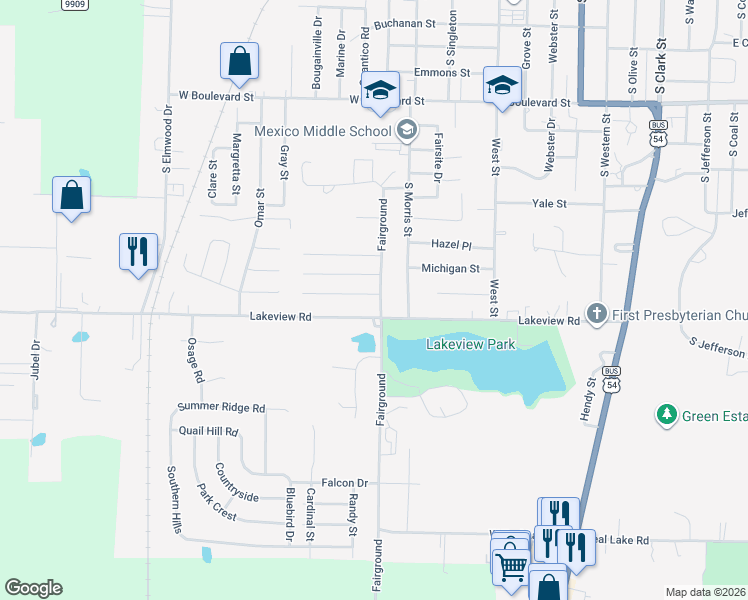map of restaurants, bars, coffee shops, grocery stores, and more near 1200-1226 Lakeview Road in Mexico