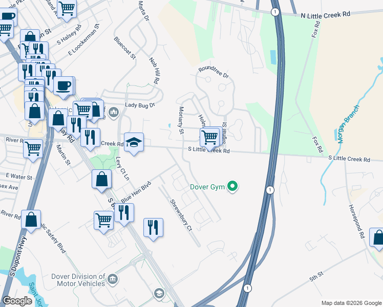 map of restaurants, bars, coffee shops, grocery stores, and more near 551 Roberta Avenue in Dover