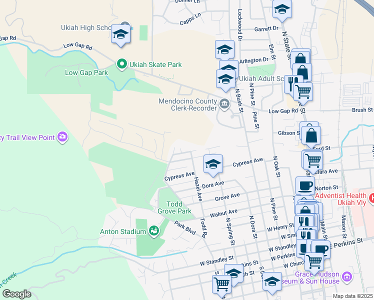 map of restaurants, bars, coffee shops, grocery stores, and more near 804 Jackson Avenue in Ukiah
