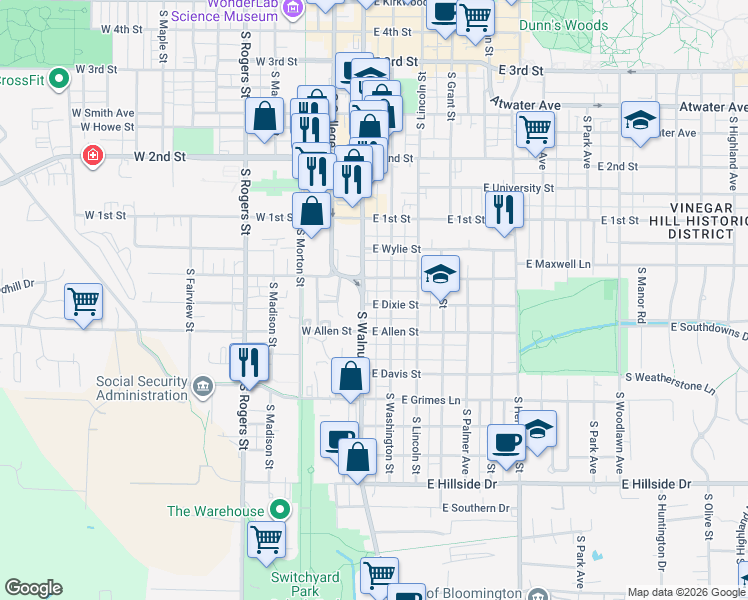 map of restaurants, bars, coffee shops, grocery stores, and more near 107 East Dixie Street in Bloomington