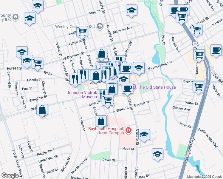 map of restaurants, bars, coffee shops, grocery stores, and more near 128 West North Street in Dover