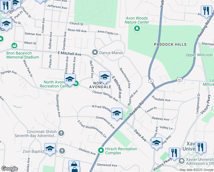 map of restaurants, bars, coffee shops, grocery stores, and more near 3 Burton Woods Lane in Cincinnati