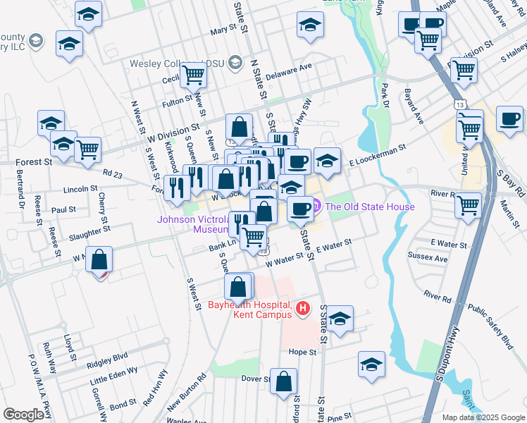 map of restaurants, bars, coffee shops, grocery stores, and more near 128 West North Street in Dover