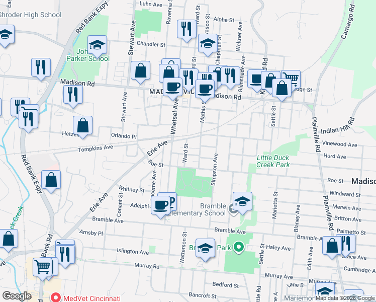 map of restaurants, bars, coffee shops, grocery stores, and more near 6013 Clephane Avenue in Cincinnati