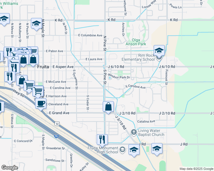 map of restaurants, bars, coffee shops, grocery stores, and more near 1101 East Carolina Avenue in Fruita