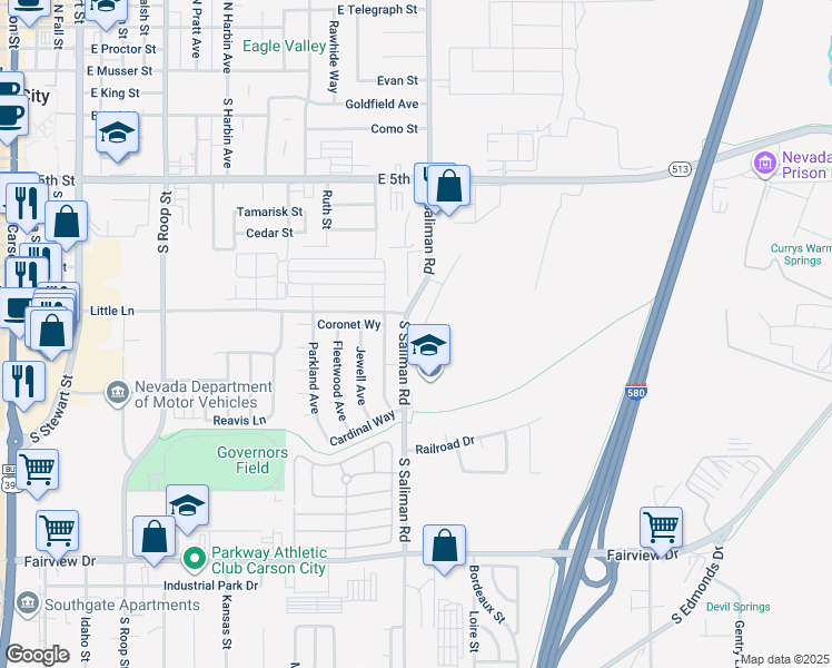 map of restaurants, bars, coffee shops, grocery stores, and more near 1530 Firebox Road in Carson City