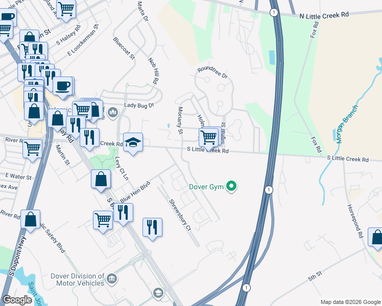 map of restaurants, bars, coffee shops, grocery stores, and more near 551 Roberta Avenue in Dover