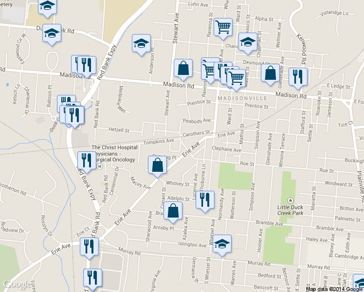 map of restaurants, bars, coffee shops, grocery stores, and more near 4540 Erie Avenue in Cincinnati