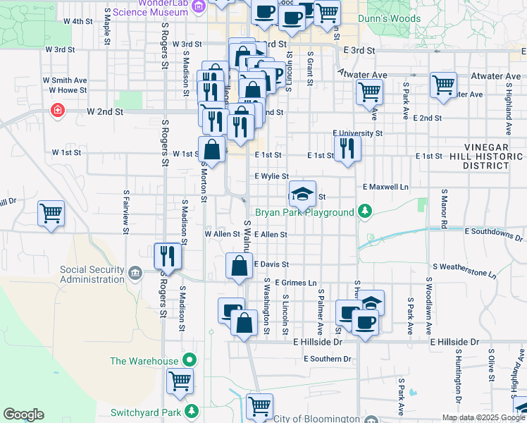 map of restaurants, bars, coffee shops, grocery stores, and more near 915 South Washington Street in Bloomington
