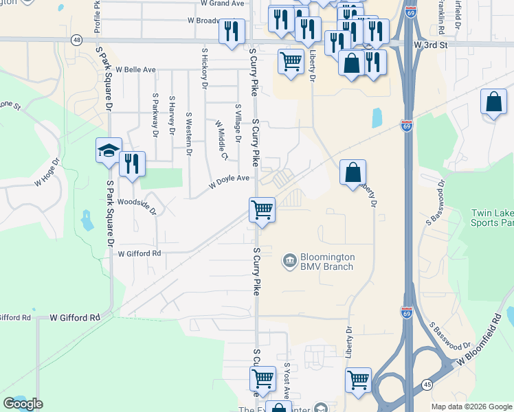 map of restaurants, bars, coffee shops, grocery stores, and more near 1200 South Curry Pike in Bloomington