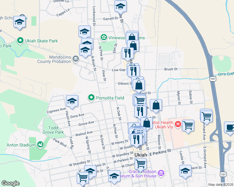 map of restaurants, bars, coffee shops, grocery stores, and more near 386 Cypress Avenue in Ukiah
