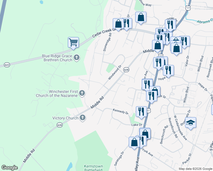 map of restaurants, bars, coffee shops, grocery stores, and more near 2701 Middle Road in Winchester