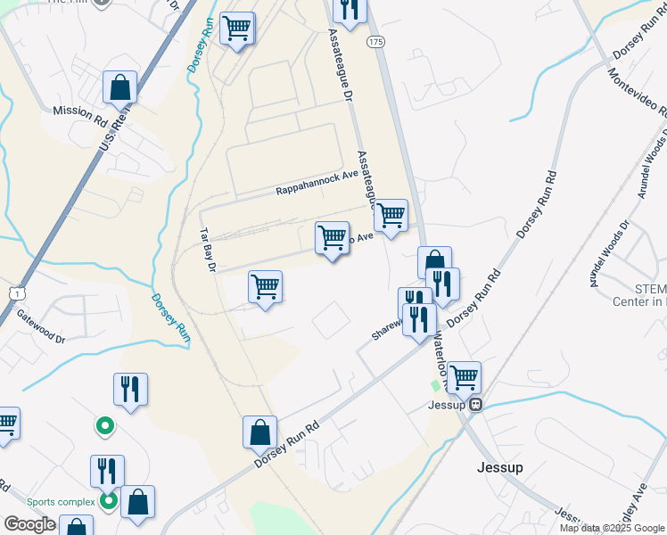 map of restaurants, bars, coffee shops, grocery stores, and more near 7901 Oceano Avenue in Jessup