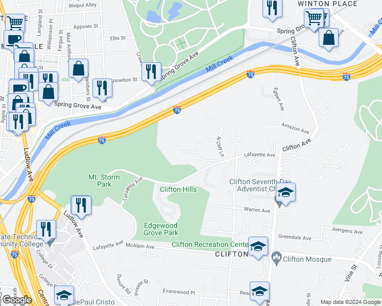 map of restaurants, bars, coffee shops, grocery stores, and more near 440 Lafayette Avenue in Cincinnati