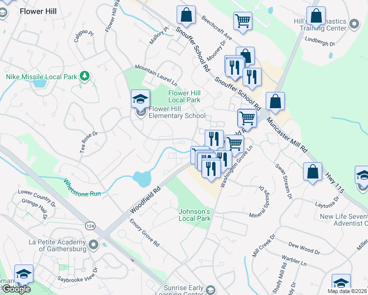 map of restaurants, bars, coffee shops, grocery stores, and more near 8206 Streamside Drive in Gaithersburg