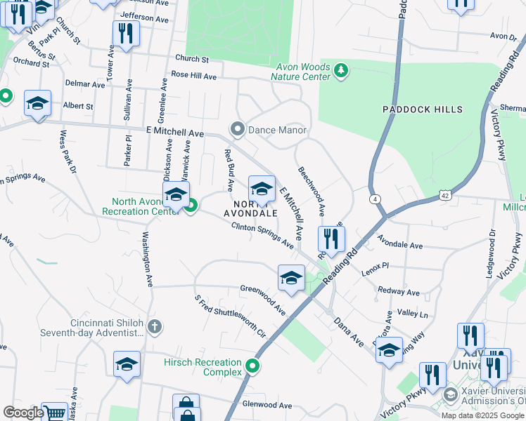 map of restaurants, bars, coffee shops, grocery stores, and more near 3 Burton Woods Lane in Cincinnati