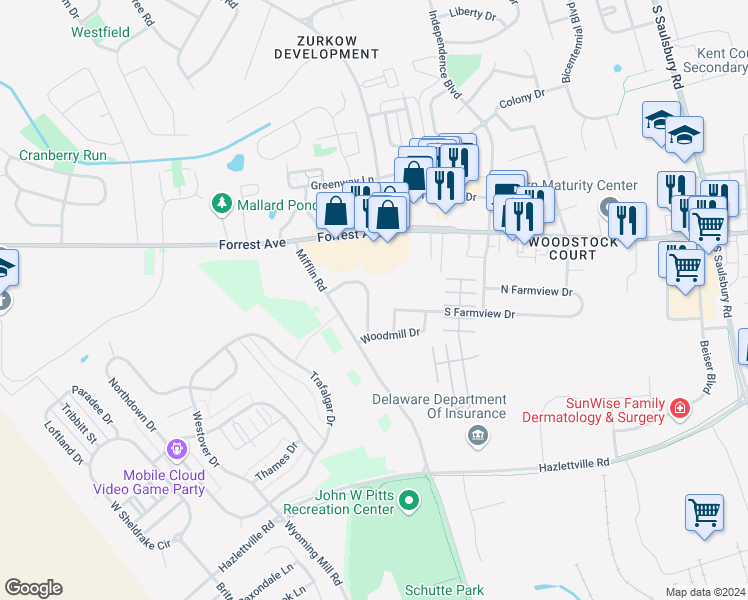 map of restaurants, bars, coffee shops, grocery stores, and more near 1519 Fawn Street in Dover