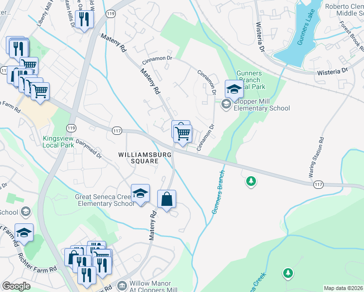 map of restaurants, bars, coffee shops, grocery stores, and more near 12861 Clopper Road in Germantown