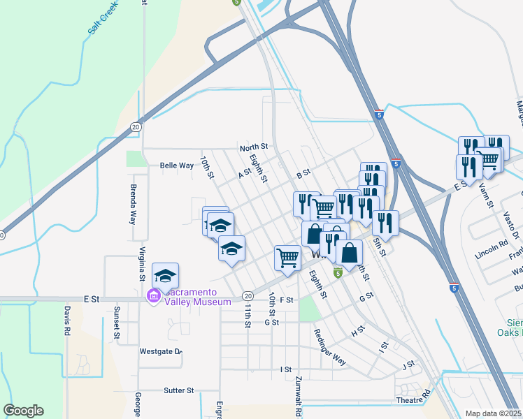 map of restaurants, bars, coffee shops, grocery stores, and more near 187 9th Street in Colusa