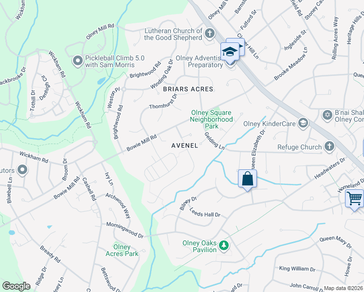 map of restaurants, bars, coffee shops, grocery stores, and more near 18304 Darnell Drive in Olney