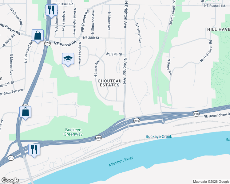 map of restaurants, bars, coffee shops, grocery stores, and more near 3428 North Poplar Avenue in Kansas City