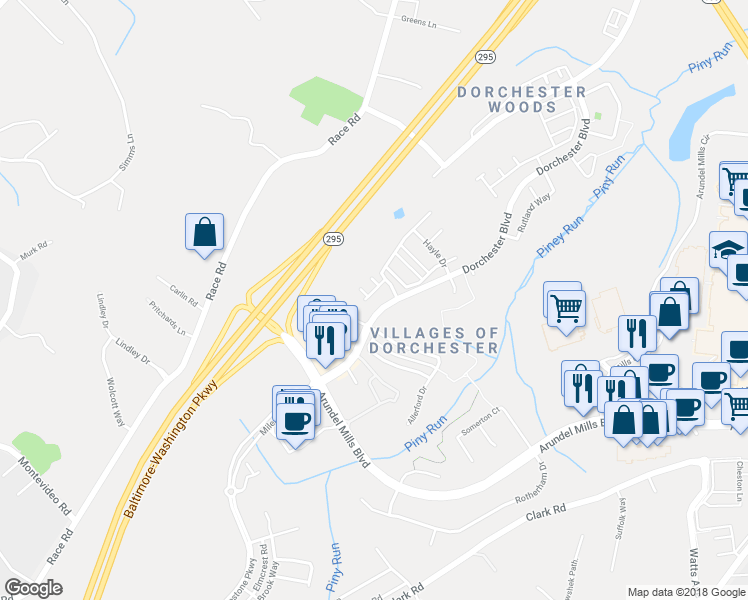 map of restaurants, bars, coffee shops, grocery stores, and more near 7591 Taunton Court in Hanover