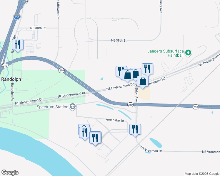 map of restaurants, bars, coffee shops, grocery stores, and more near 8300 Northeast Underground Drive in Kansas City