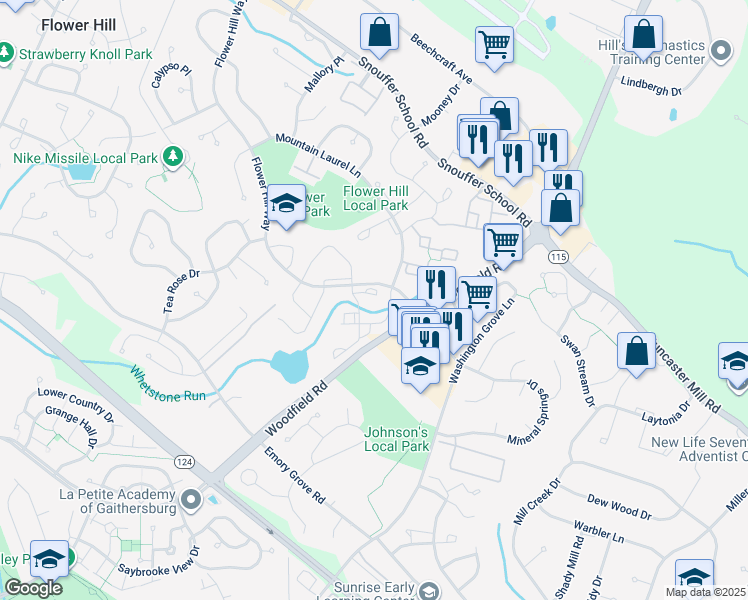 map of restaurants, bars, coffee shops, grocery stores, and more near 8205 Whispering Oaks Way in Gaithersburg