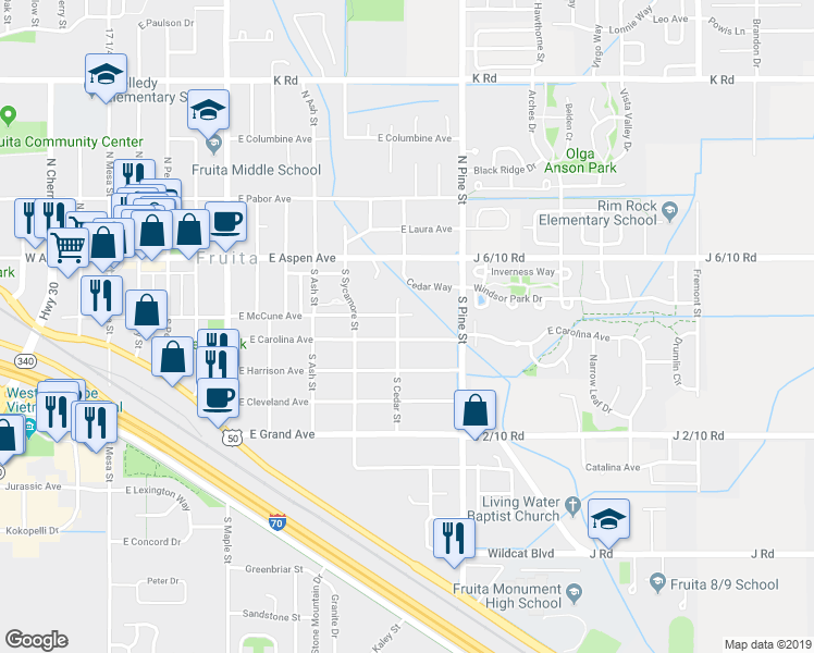 map of restaurants, bars, coffee shops, grocery stores, and more near 1017 East Carolina Avenue in Fruita