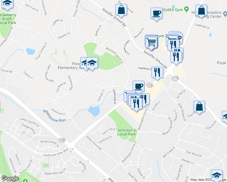 map of restaurants, bars, coffee shops, grocery stores, and more near 8206 Streamside Drive in Gaithersburg