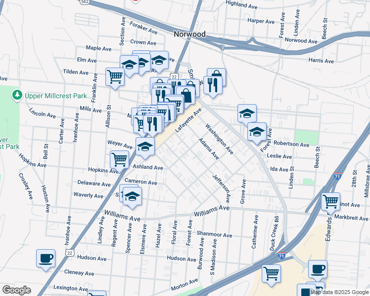 map of restaurants, bars, coffee shops, grocery stores, and more near 2220 Jefferson Avenue in Cincinnati