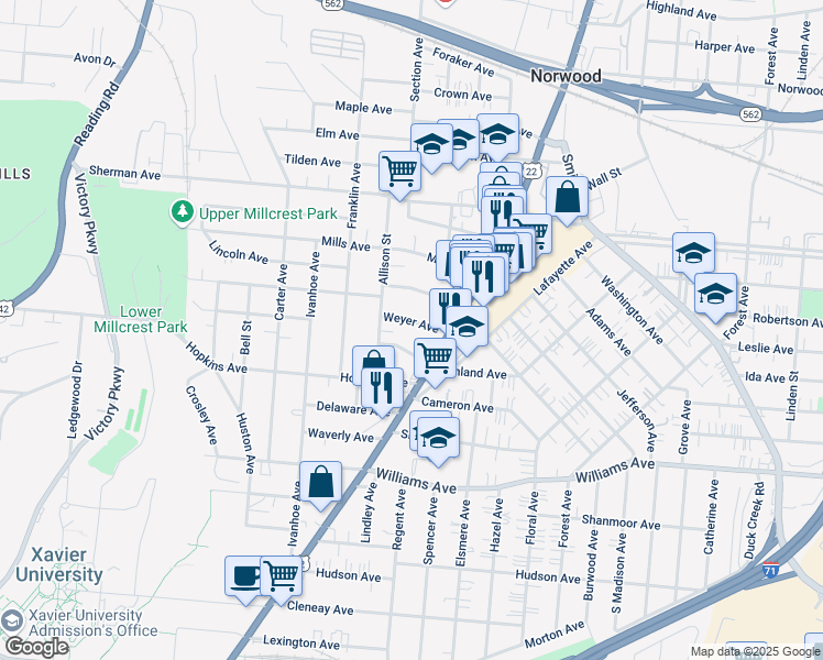 map of restaurants, bars, coffee shops, grocery stores, and more near 2026 Weyer Avenue in Cincinnati